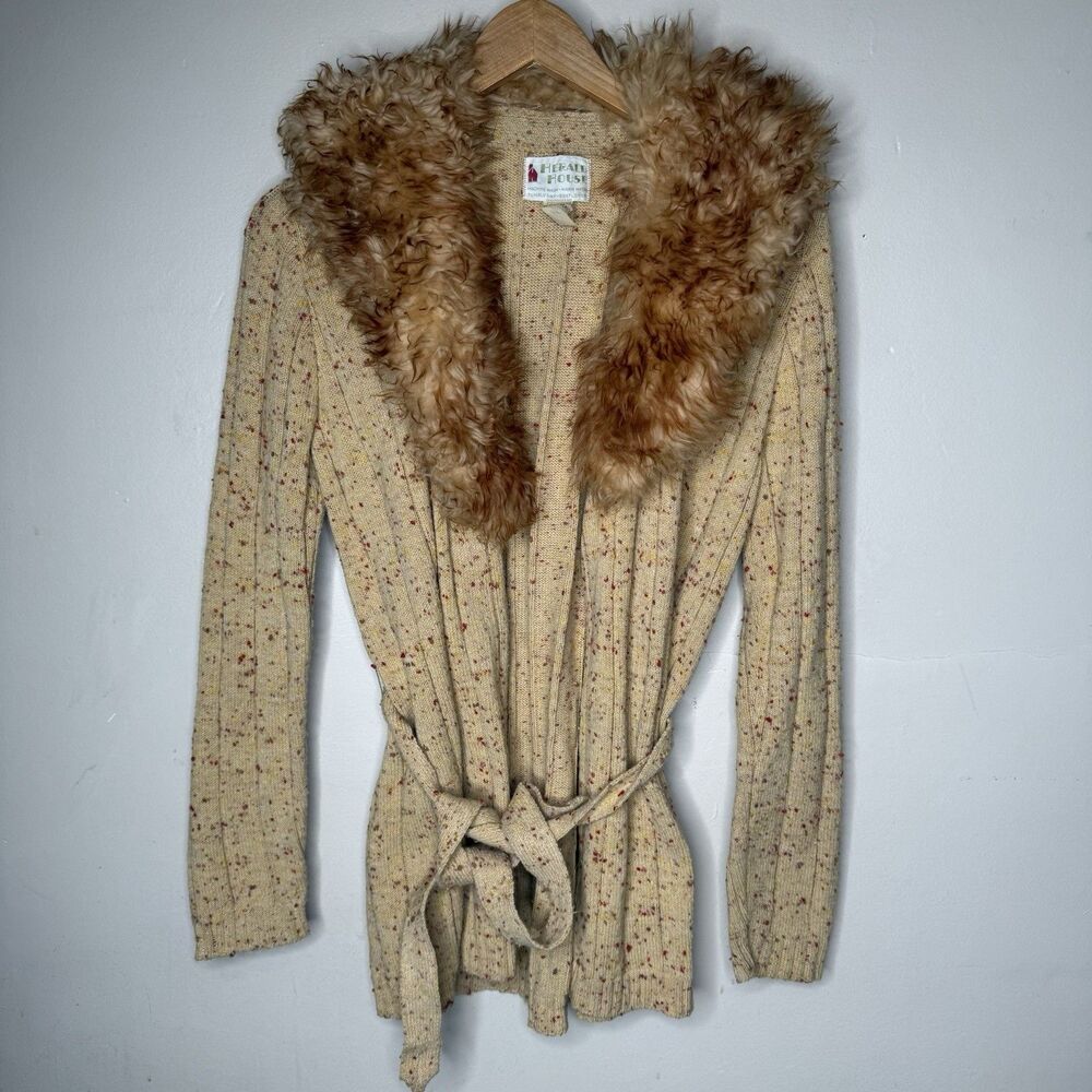 True Vintage 60s 70s Penny Lane Faux Fur Sweater Cardigan Belted Wrap Womens M/L